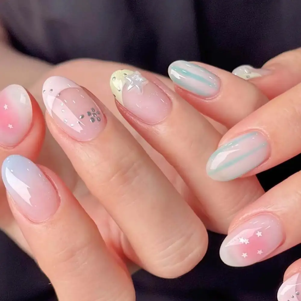 Nailhour 24Pcs Pink Rhinestone Short Oval Press On Nails