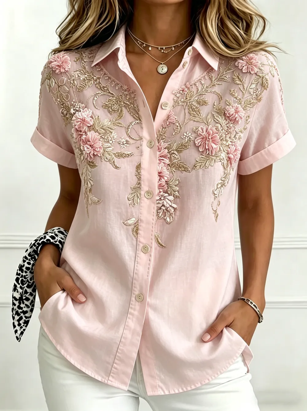 Women'S Casual Cotton Linen Plant Flower Personalized Printed Lapel Short Sleeved Shirt