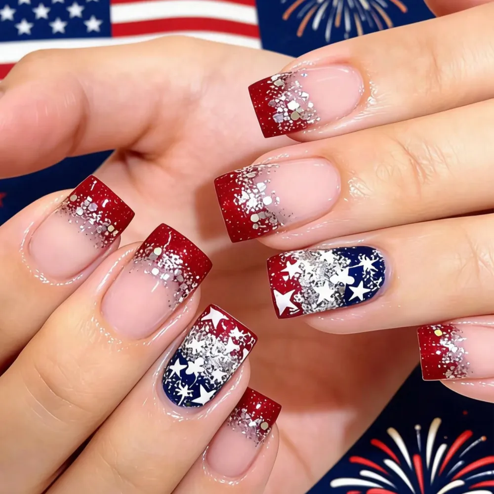 Nailhour 24pcs Medium Square 4th Of July Nail Art French Stiletto Dreamy Silver Glitter Press On Nails