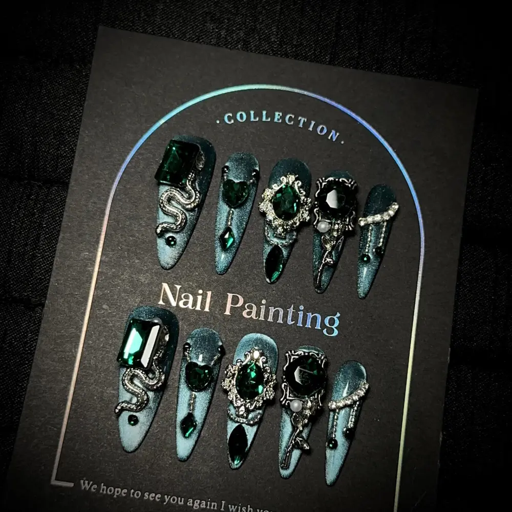 Nailhour 10Pcs Handmade Cat Eye Rhinestone Long Stiletto Press On Nails