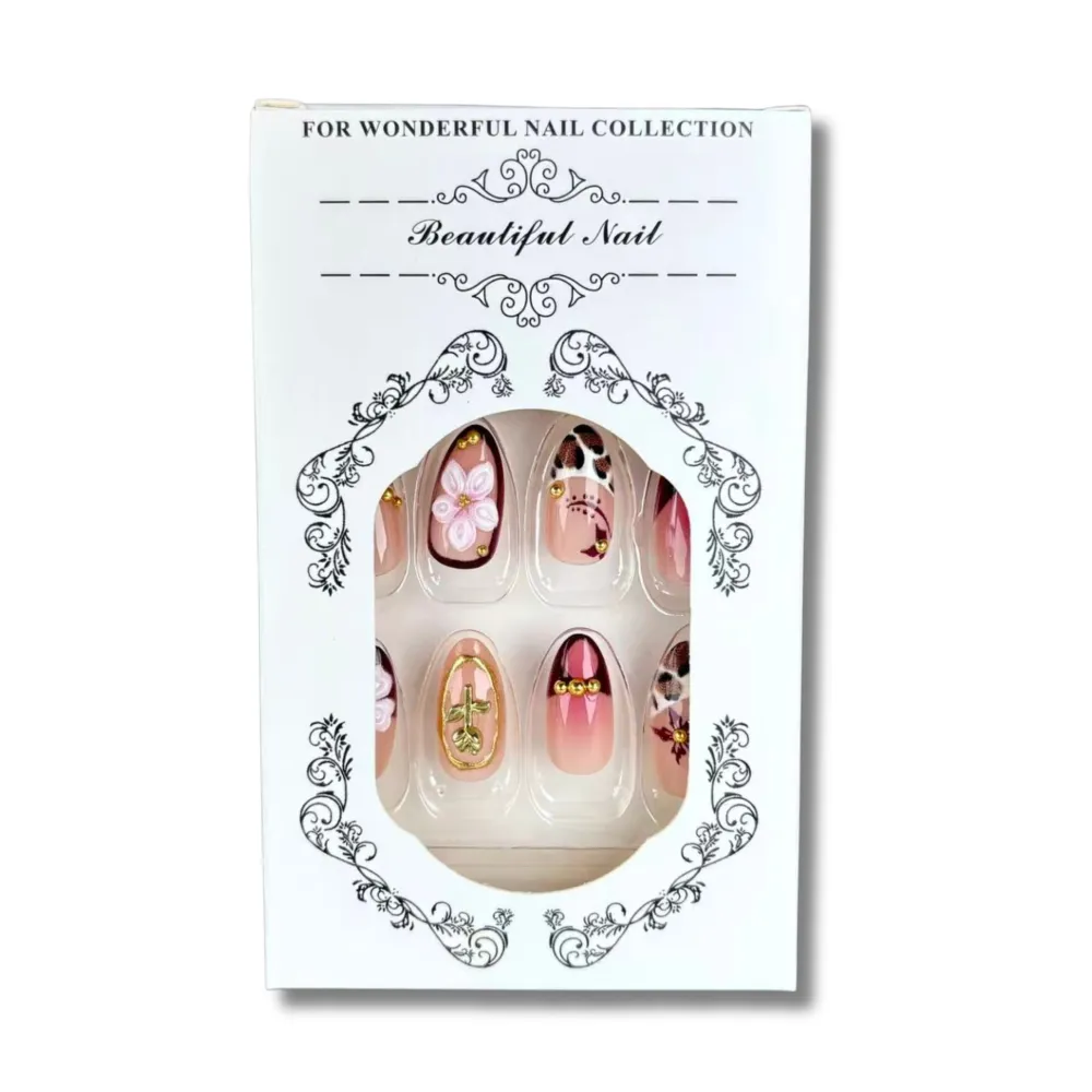 Nailhour 30Pcs Floral 3D Medium Almond French Gilded Press On Nails
