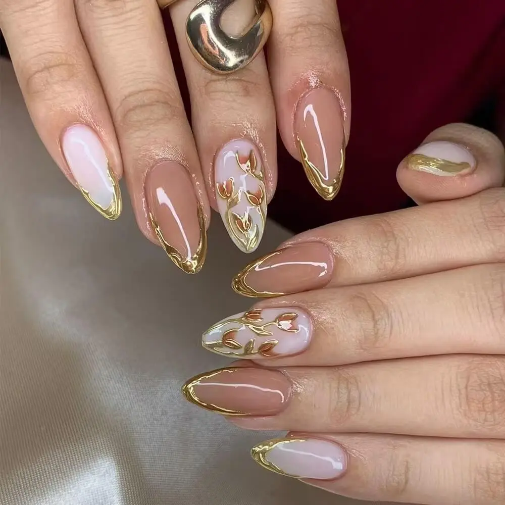 Nailhour 24Pcs Gilded Floral Medium Almond Press On Nails