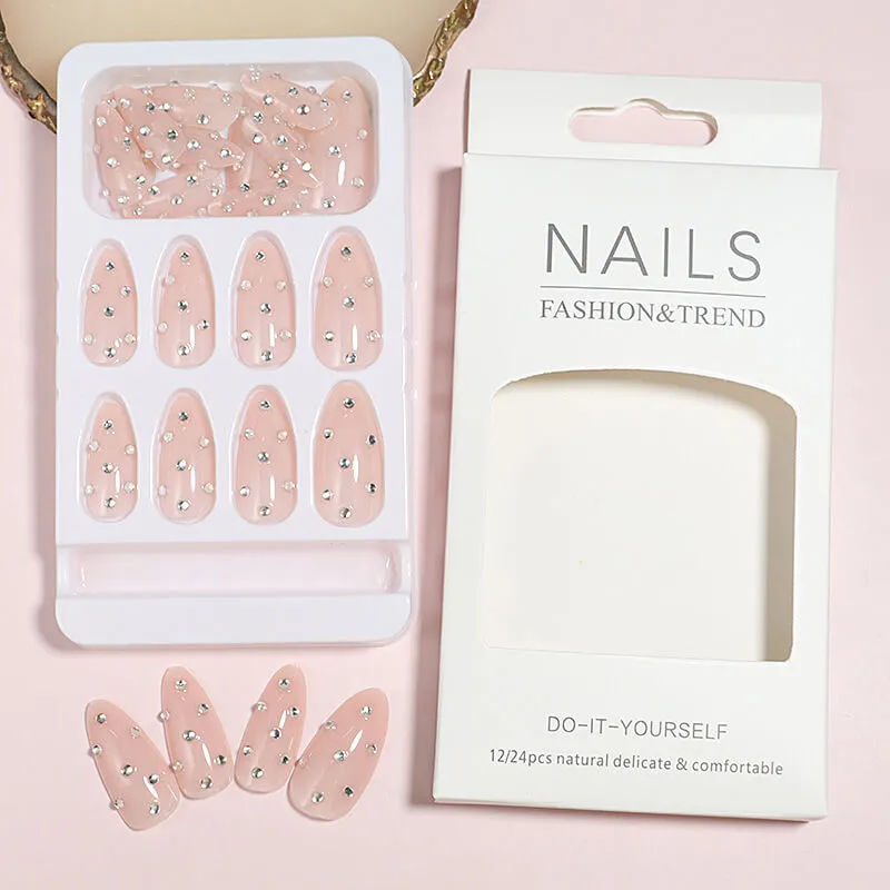 Nailhour 24Pcs Pink 3D Rhinestone Medium Almond Press On Nails