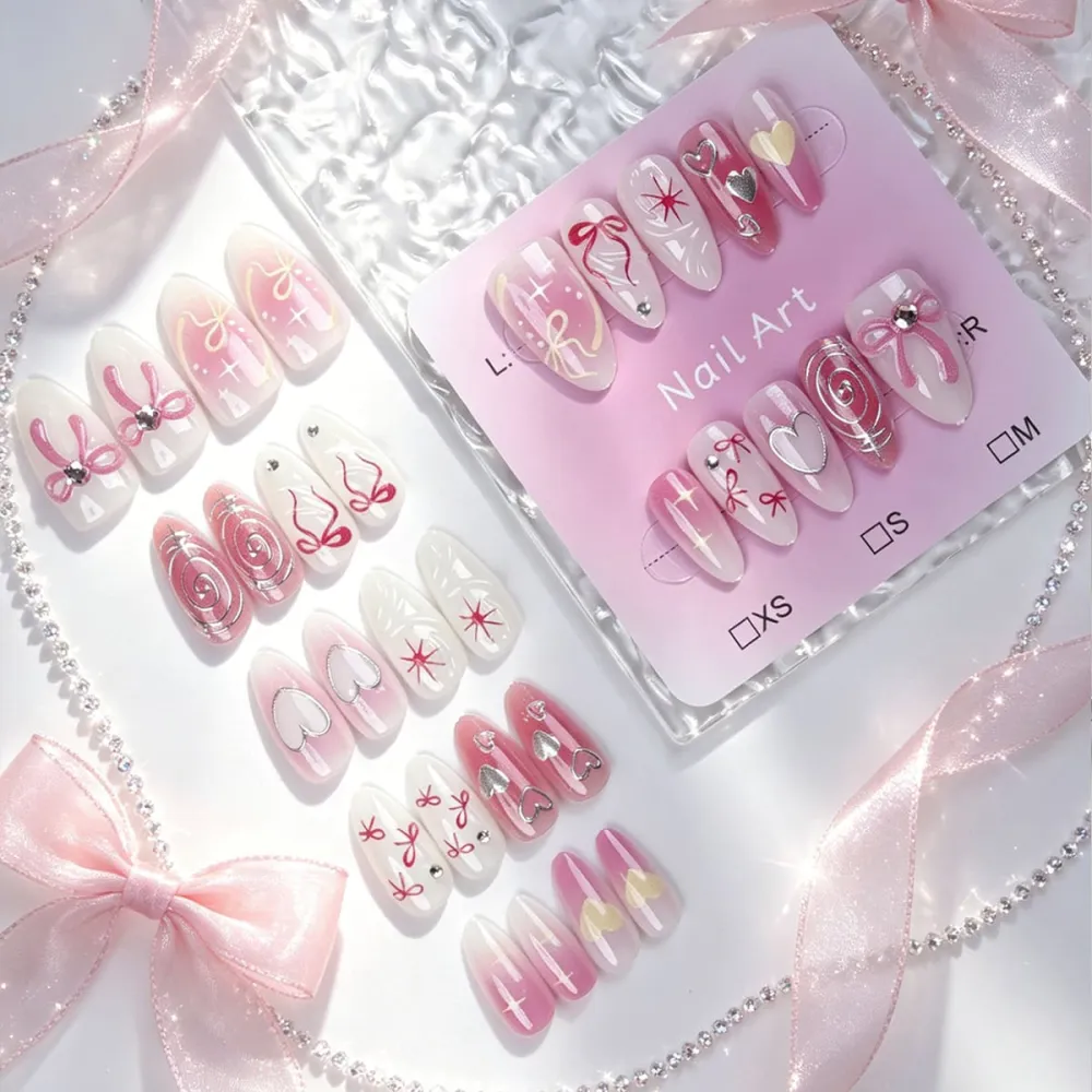 Nailhour 30Pcs Pink French Gilded Medium Almond Press On Nails