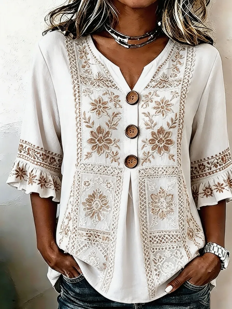 Vintage Lace Floral Embroidery Design Women's Linen Shirt