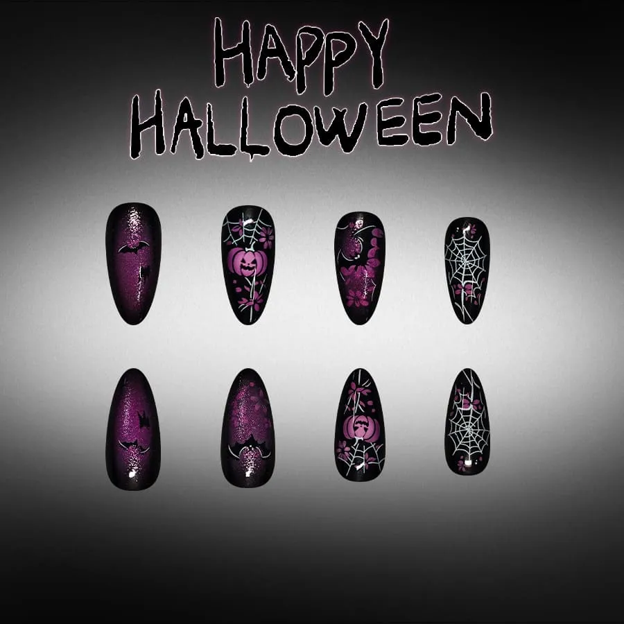 Nailhour 24Pcs Pumpkin Spider Purple Glossy Halloween Medium Almond Press On Nails