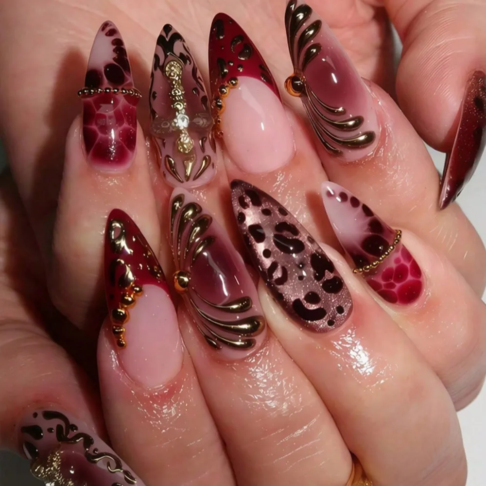 Nailhour 24Pcs Handmade Vintage Y2K Red Long Almond Press On Nails