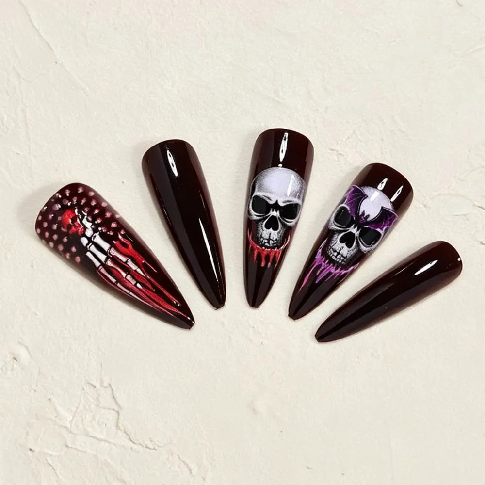 Nailhour 24Pcs Red Halloween Gothic Long Almond  Press On Nails