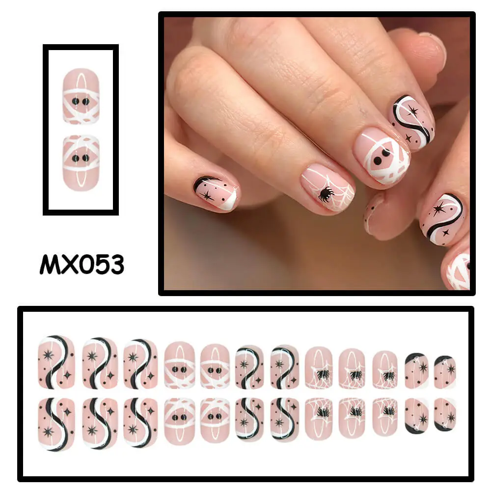 Nailhour 24Pcs Halloween Short Square Mummy Wrap Stripes Press On Nails