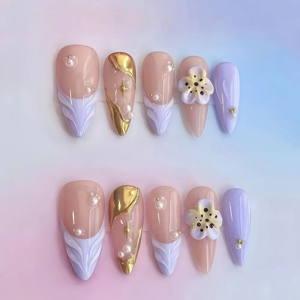 Nailhour 10Pcs 3D French Gilded Purple Medium Almond Press On Nails