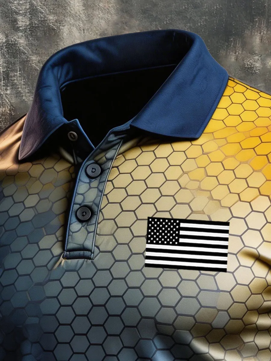 Men'S Retro Patriotic Color-Block Short-Sleeve Polo Shirt