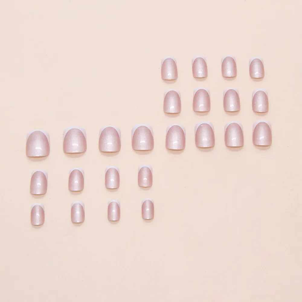 Nailhour 24Pcs Short Square French Light Pink Pearlescen Press On Nails