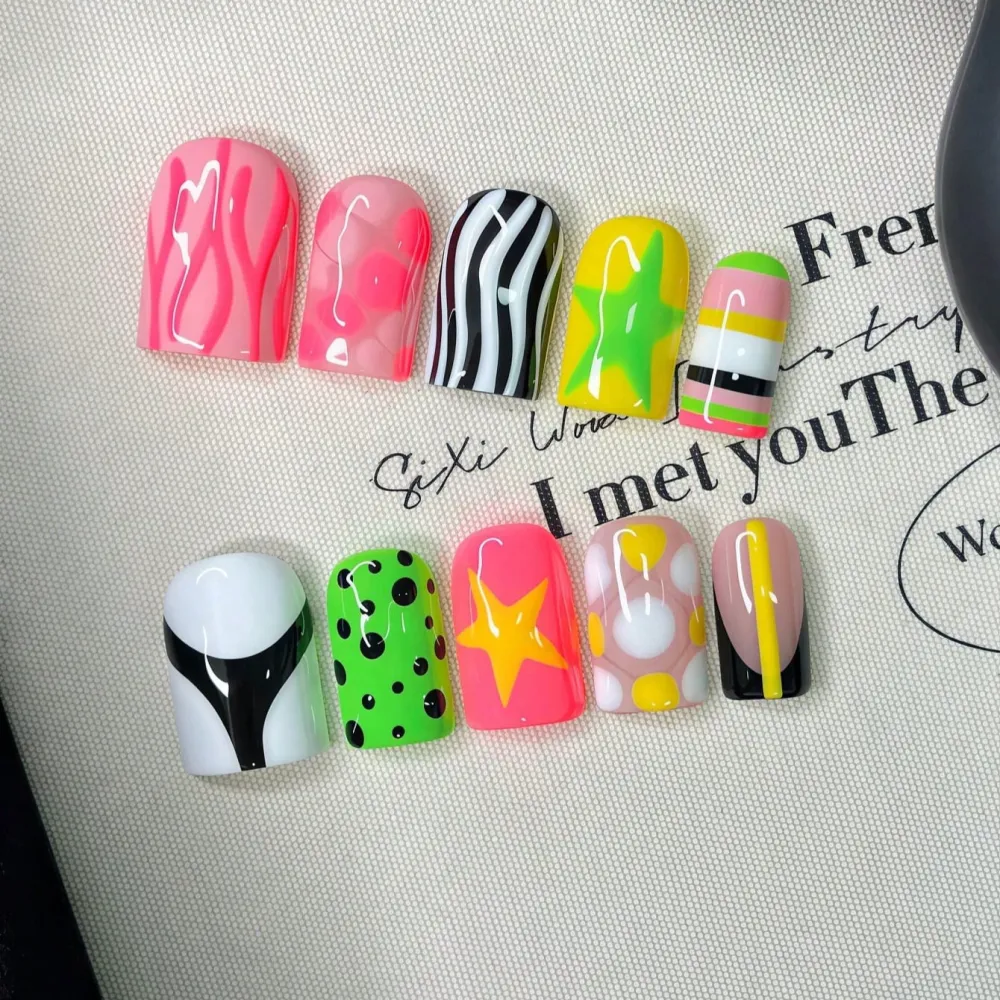 Nailhour 10Pcs Multicolor Y2K Handmade Short Square Press On Nails