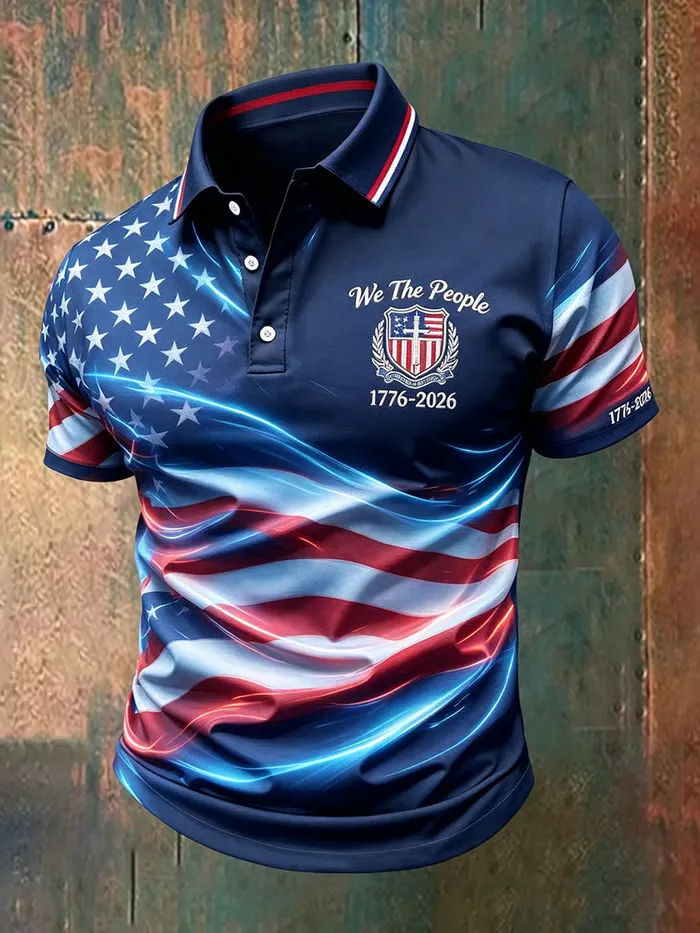 Men'S American Flag Print Casual Polo Shirt