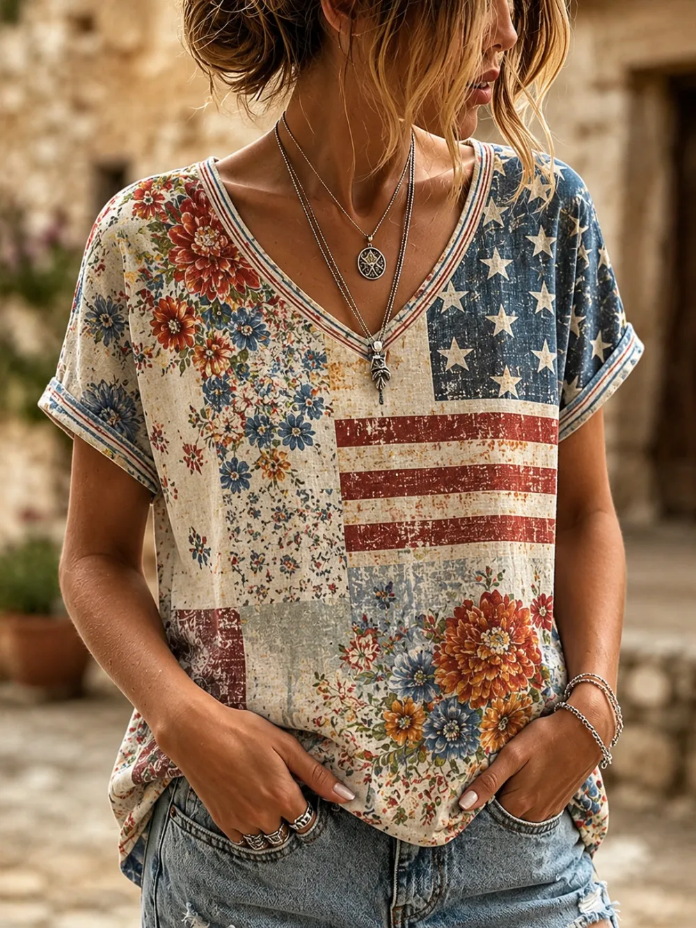 Women'S American Flag Floral Print Casual V-Neck T-Shirt