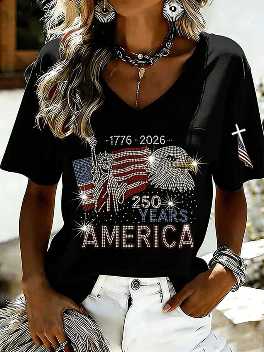 Ladies' American Flag Printed Casual Long Sleeve V-neck T-shirt