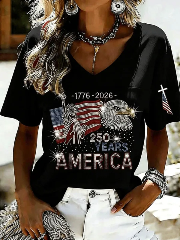 Ladies' American Flag Printed Casual Long Sleeve V-neck T-shirt