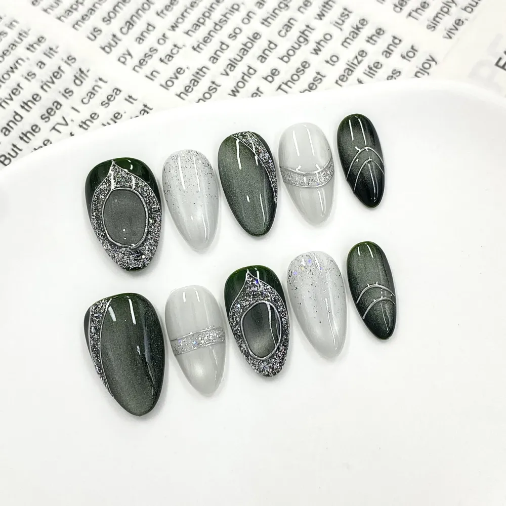 Nailhour 10Pcs Cat Eye Medium Almond French Press On Nails