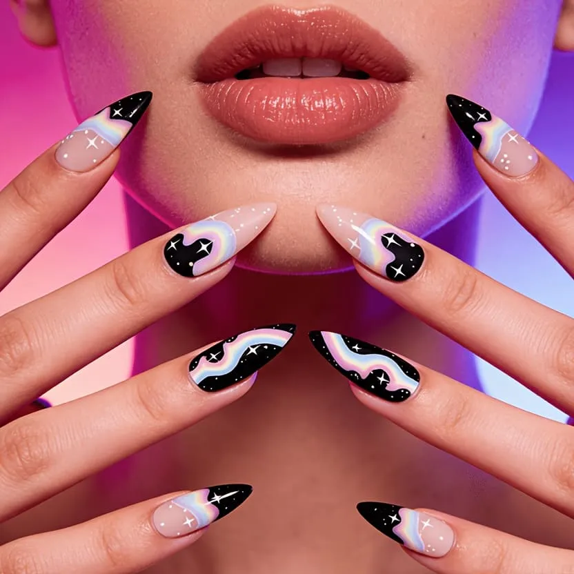 Nailhour 24Pcs Multicolor French Summer Medium Almond Press On Nails