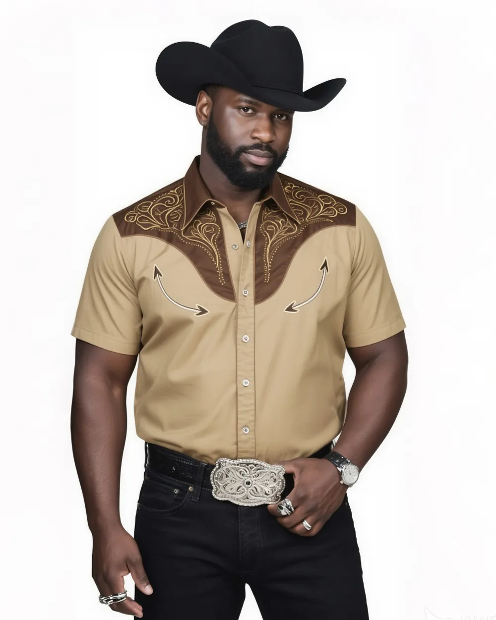 Big & Tall Men'S Western Textured Brown Short Sleeve Shirt