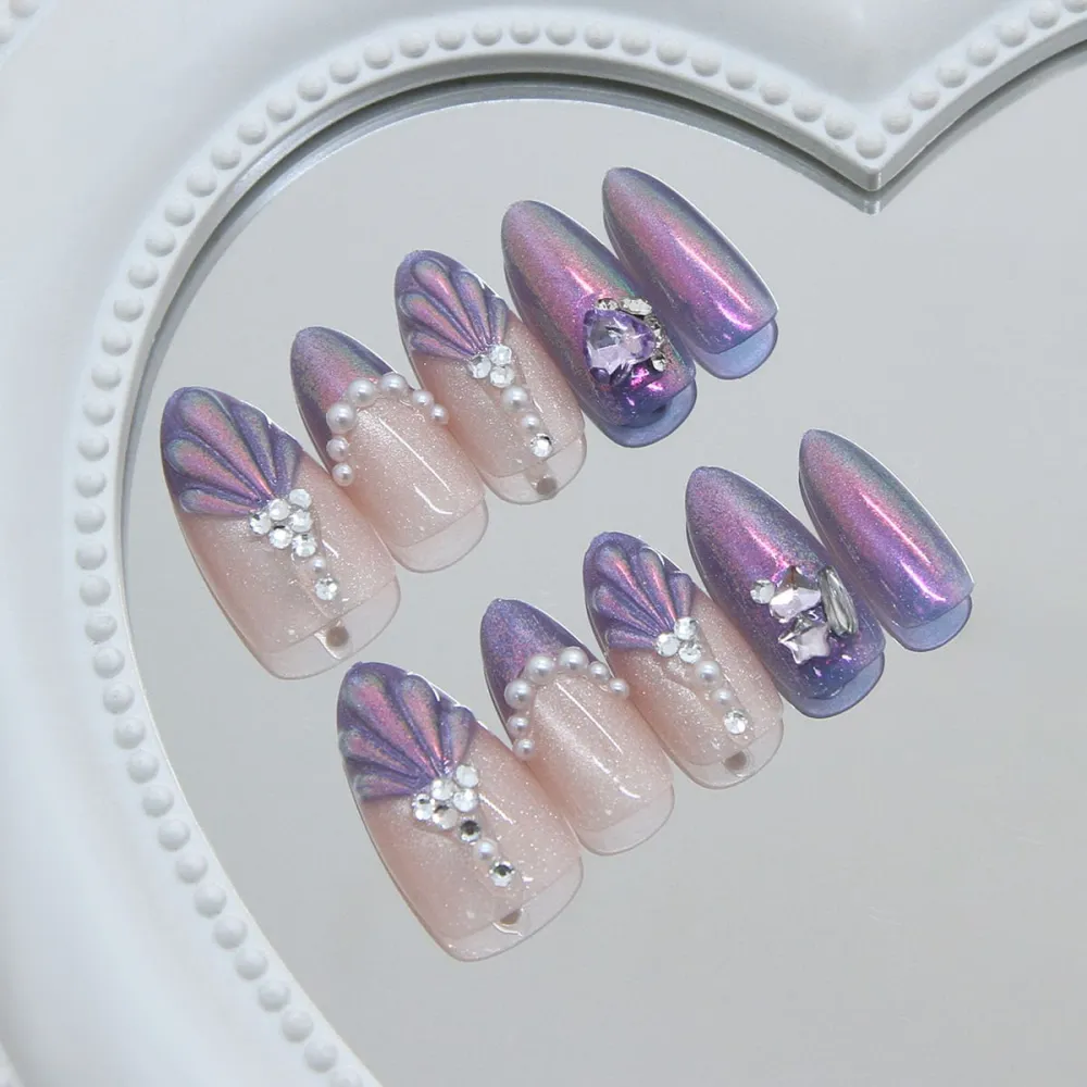 Nailhour 30Pcs French Cat Eye Fishtail Pearl Rhinestone 3D Purple Medium Almond Press On Nails