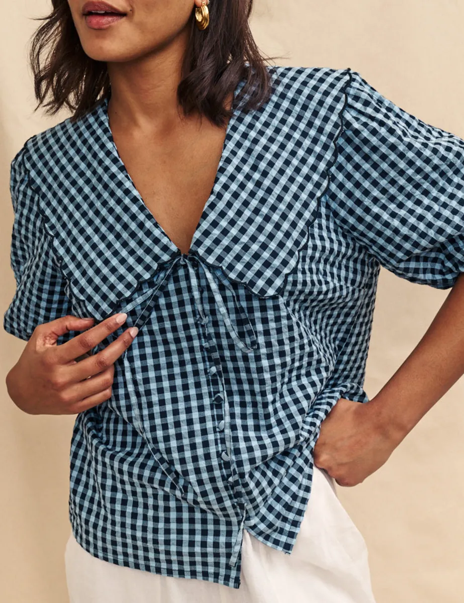 Blue Gingham Bow Front Blouse