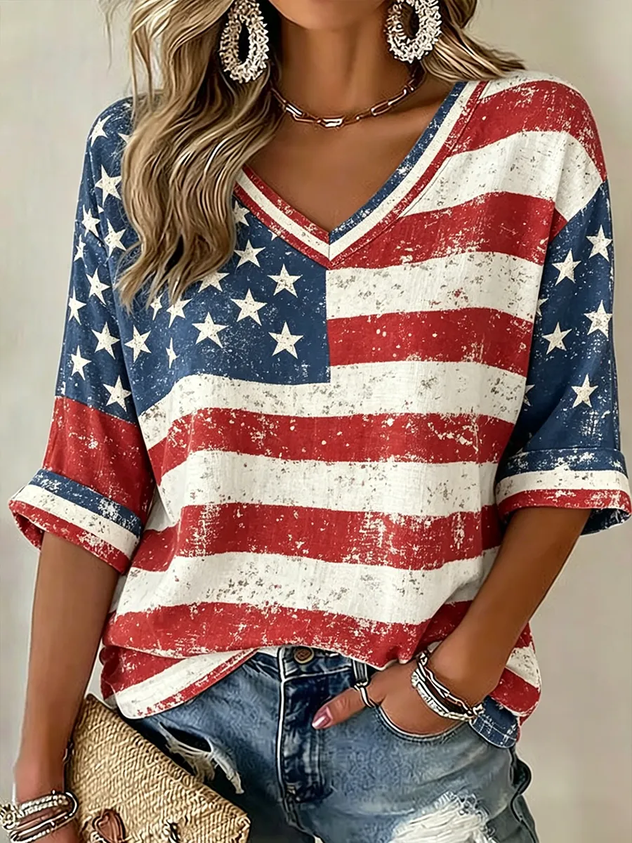 Women's Retro Independence Day National Day Printed V-neck T-shirt