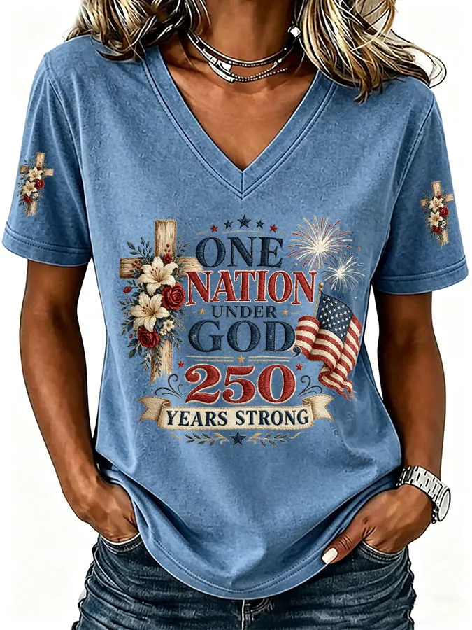 Women'S America Flag Print Casual V-Neck T-Shirt
