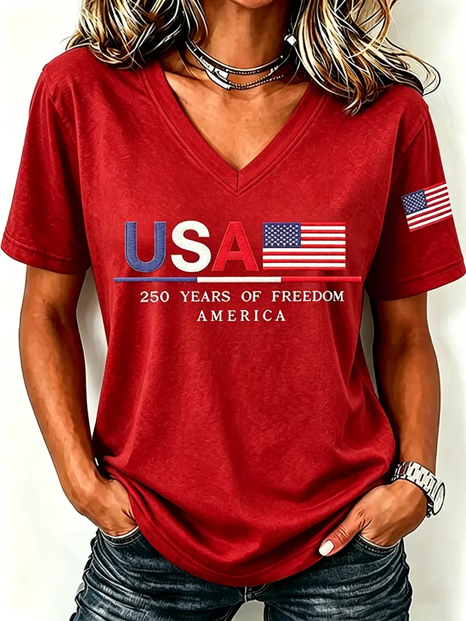 250Th Anniversary American Embroidery Commemorative V-Neck Short Sleeved T-Shirt