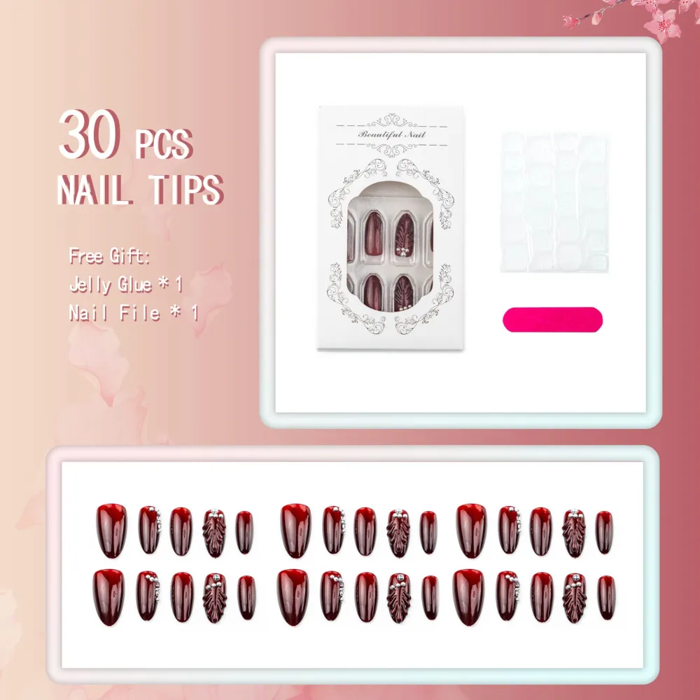 Nailhour 30Pcs Cat Eye 3D Medium Almond Red French Press On Nails