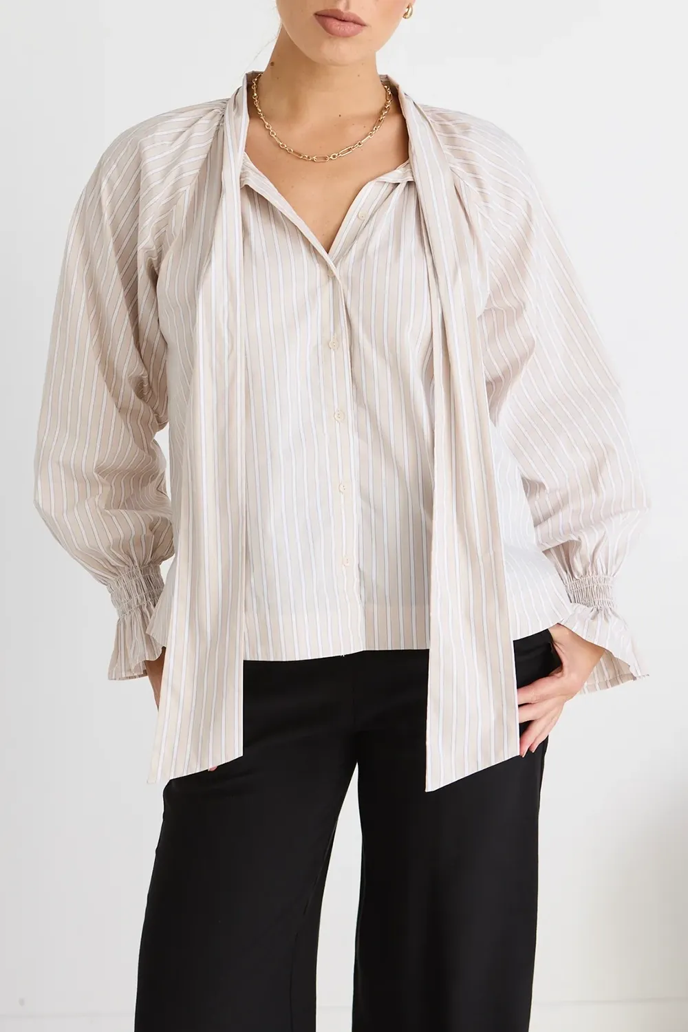 Beige Stripe Tie - Front Long - Sleeve