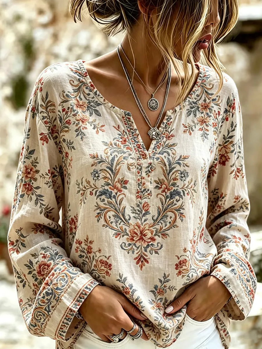 Women's Cotton Linen Vintage Botanical Floral Print T-Shirt