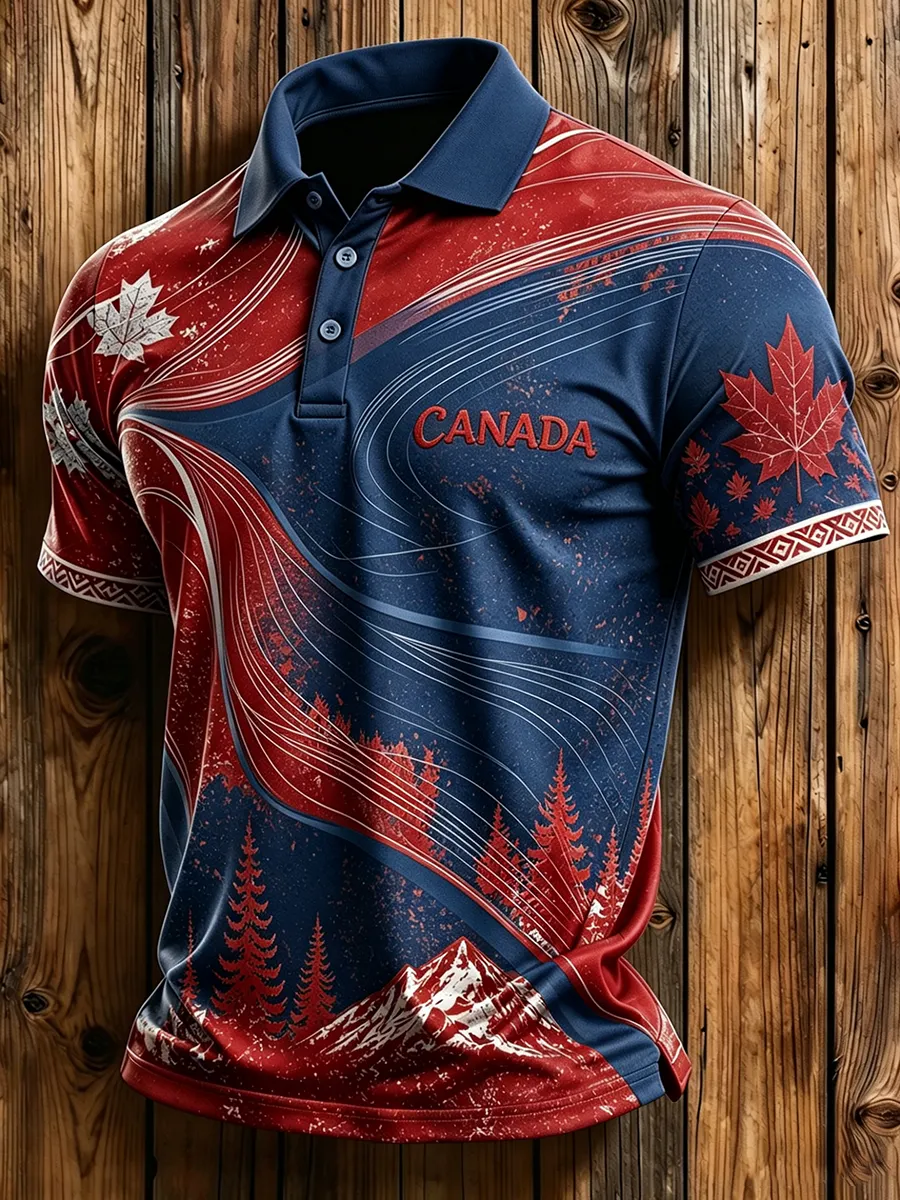 Men's Canada Maple Leaf Mountain Print Polo Shirt