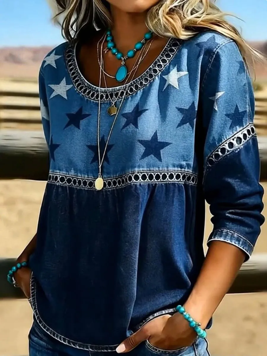 Women's Casual Round-Neck Printed Cotton-Linen Top