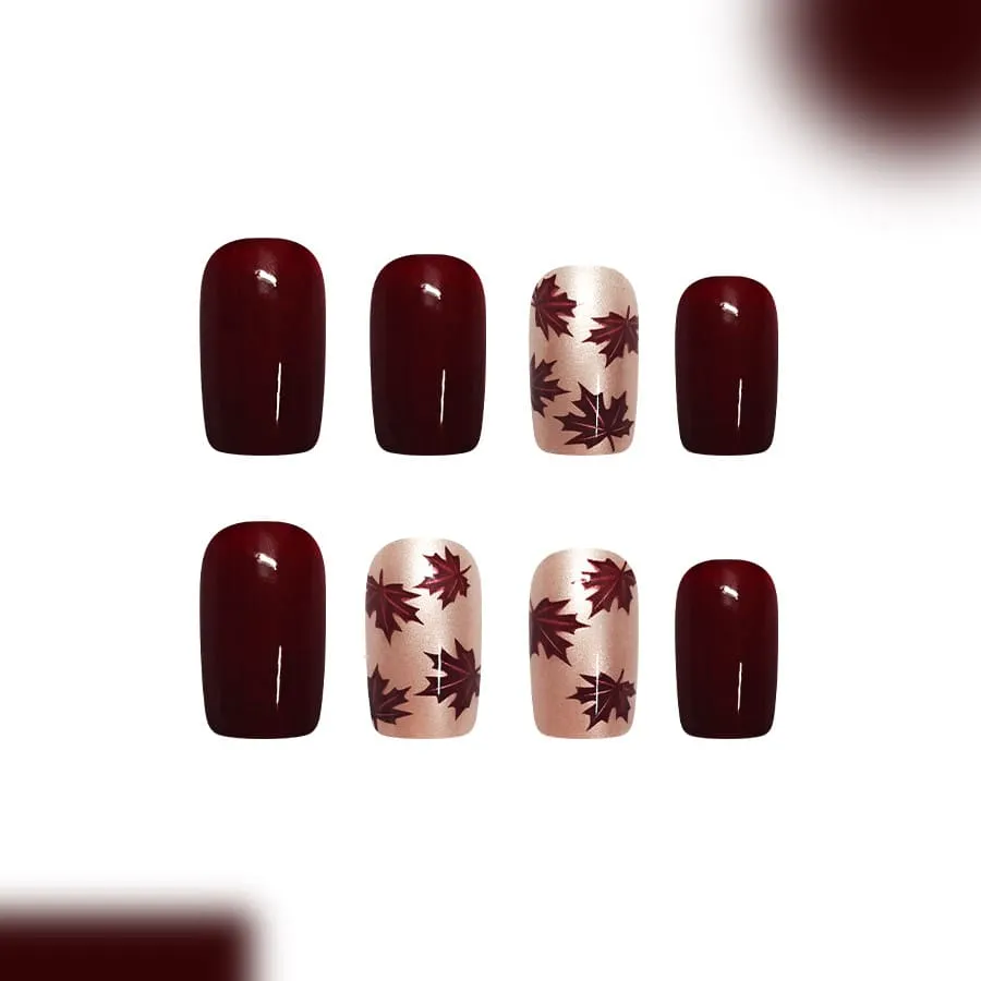 Nailhour 24Pcs French Autumn Floral Short Square Press On Nails