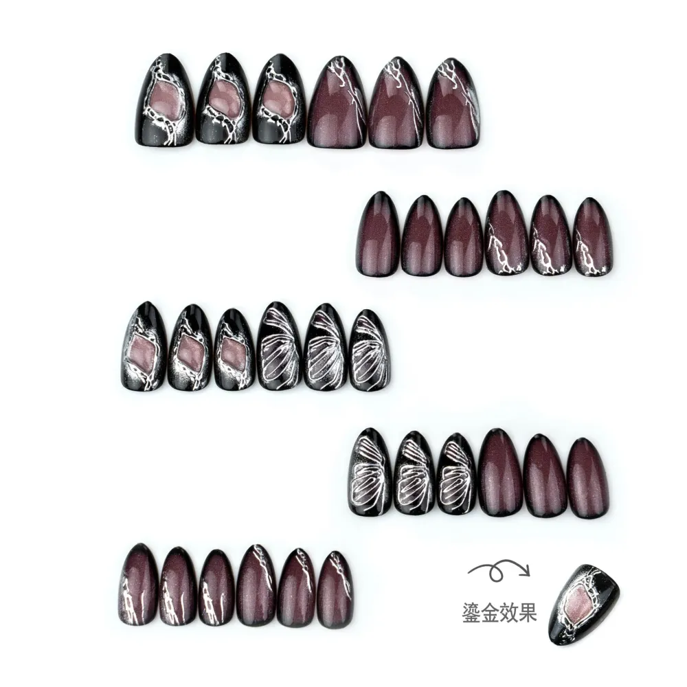 Nailhour 30Pcs Purple Gilded Gothic Medium Almond Press On Nails