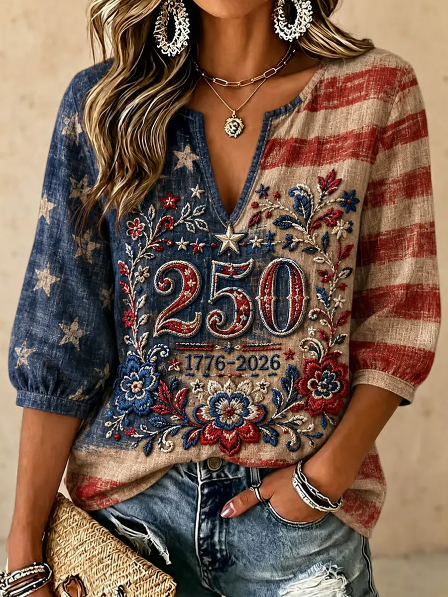 Women's Vintage American Flag Art Print Top