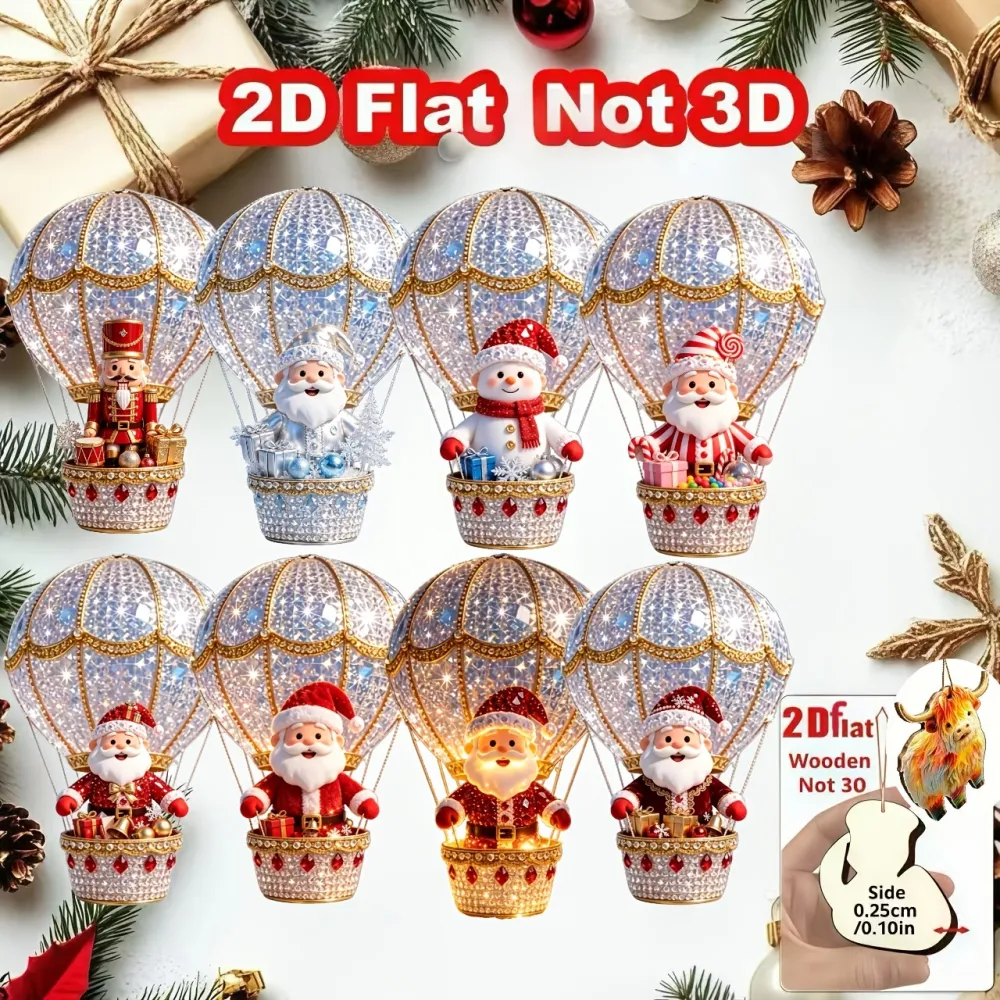8/16pcs Wooden Christmas Ornaments: Hot Air Balloon Santa Claus Decorations