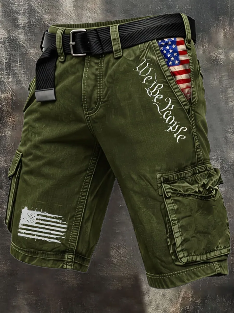 Patriot Retro Outdoor Functional Washed Distressed Denim Shorts