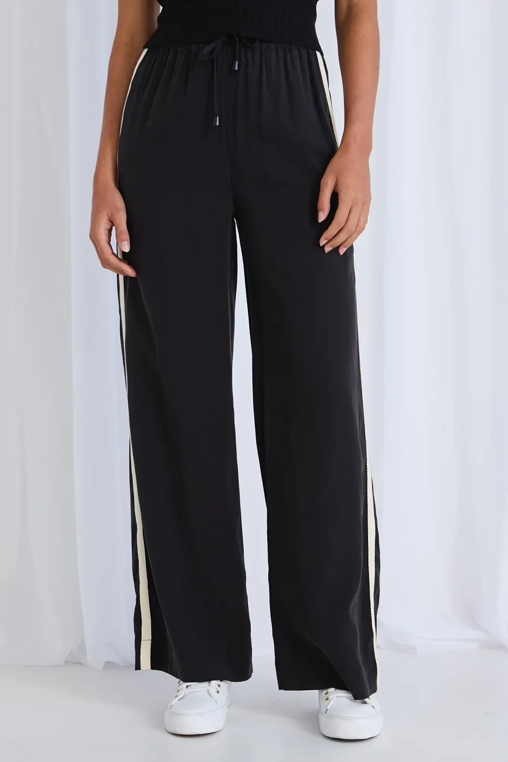 Black Stripe Tape Wide - Leg Trousers