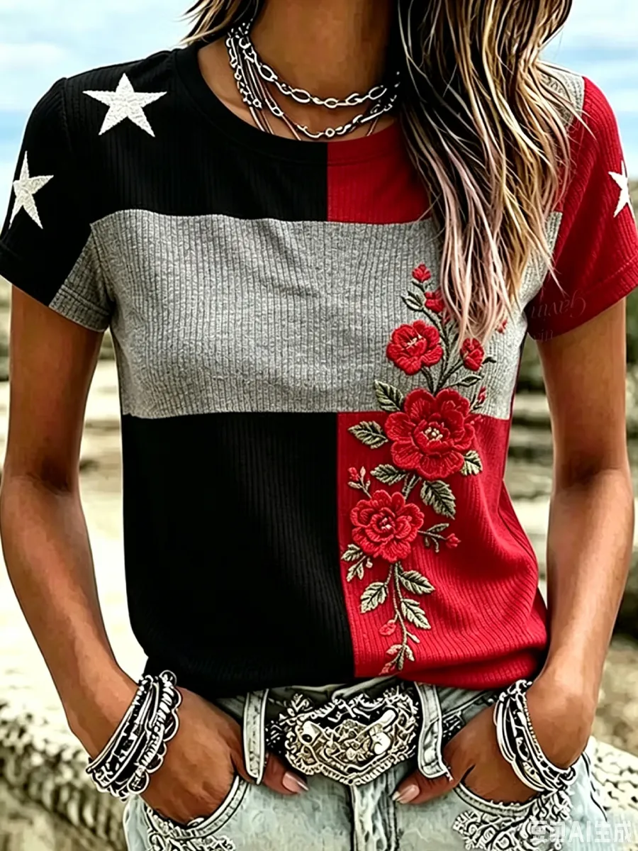 Women'S American Colorblock Star & Floral Short-Sleeve Top