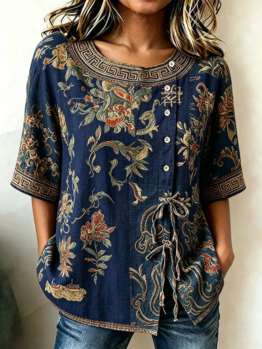 Women'S Casual Print Cotton Linen Top