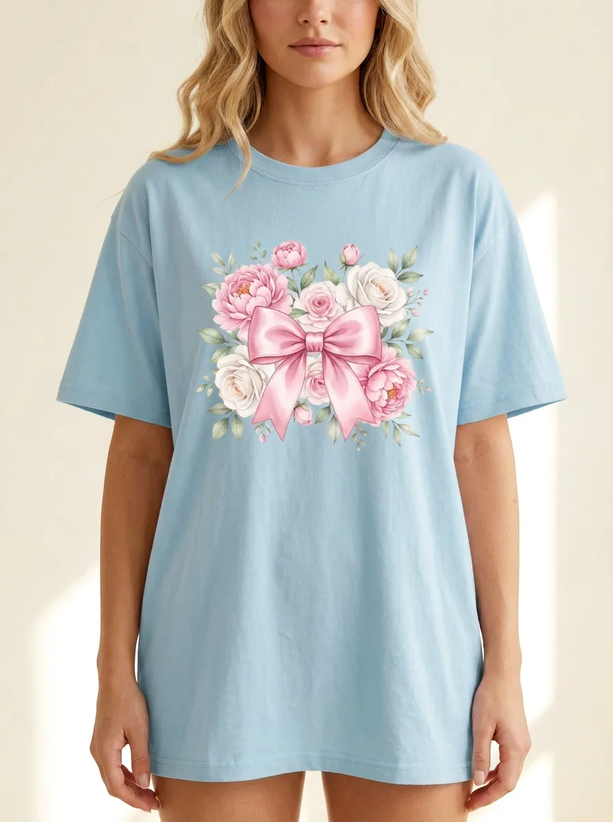 Women's Breast Cancer Awareness Pink Bow Floral Printed T-shirt