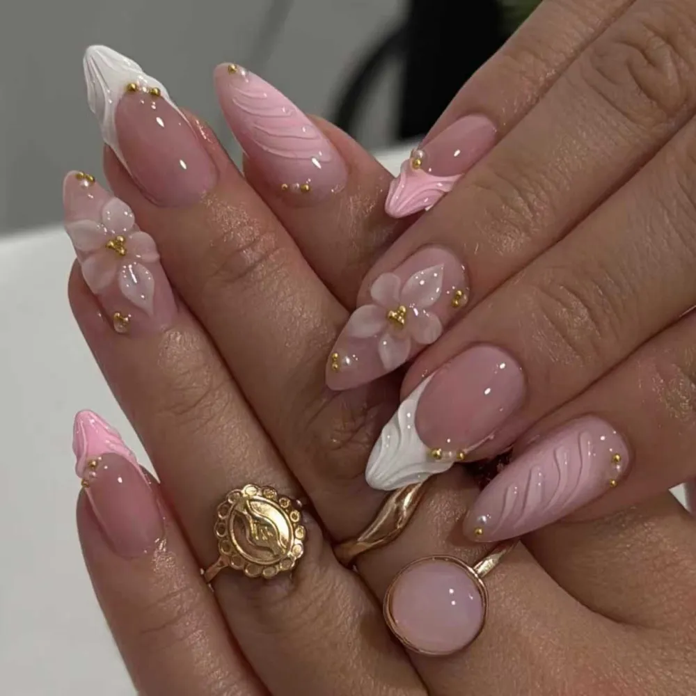 Nailhour 3D Pink Floral 30Pcs Holiday Almond Press On Nails
