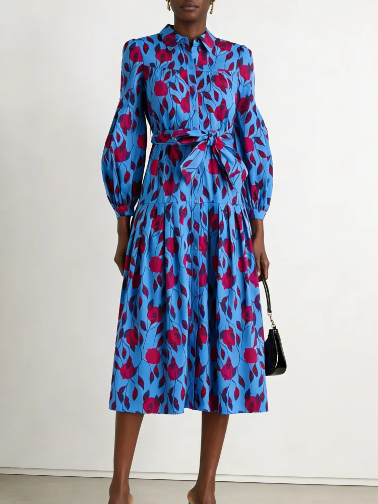 Flowy Long-Sleeve Shirt Dress with Floral Pattern