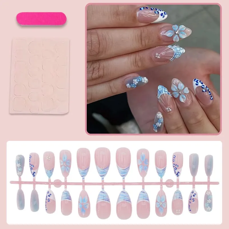 Nailhour 24Pcs Floral 3D Medium Blue Almond French Press On Nails