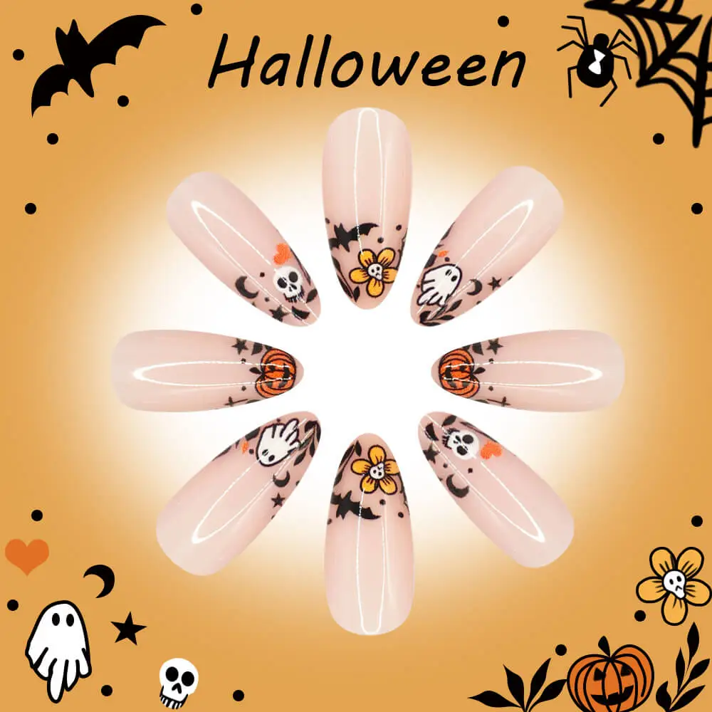 Nailhour 24Pcs Halloween Short Almond French Pumpkin Press On Nails