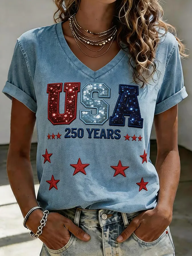 Women'S Retro Independence Day Printed Casual Short Sleeved T-Shirt
