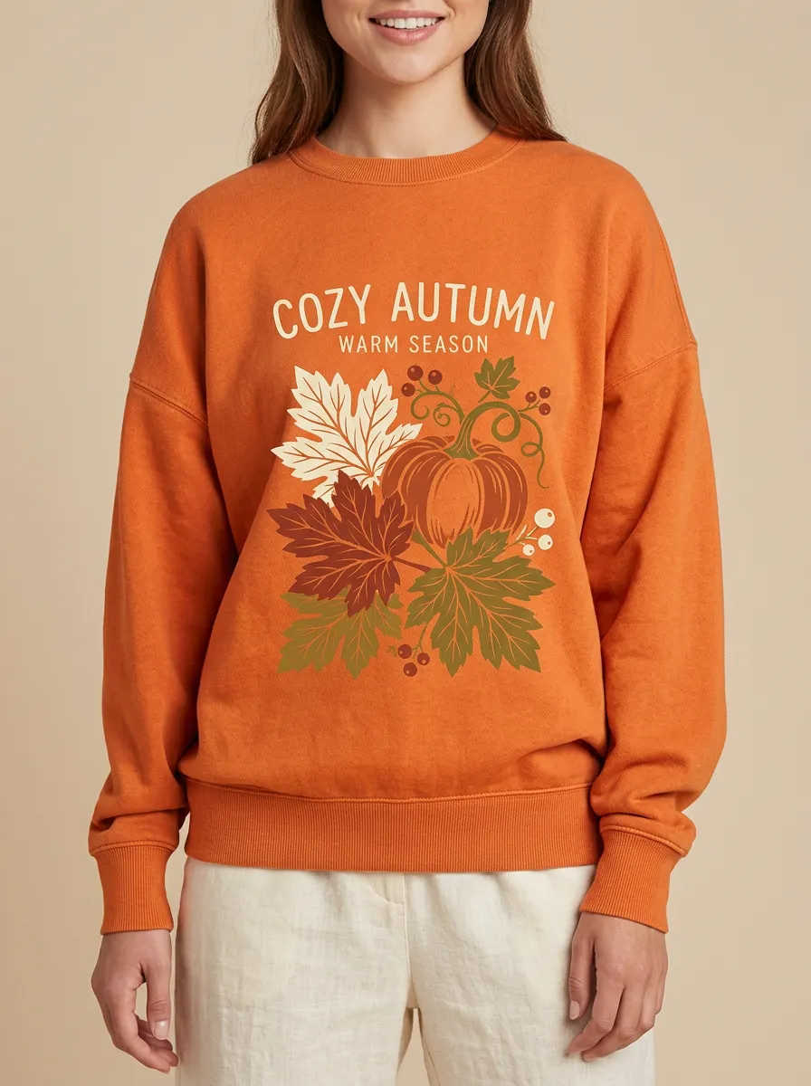 Pumpkin Maple Leaf Printed Women's Graphic Sweatshirt