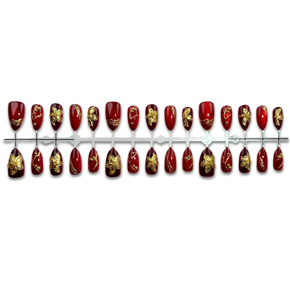 Nailhour 30Pcs Floral 3D Medium Almond French Red Gilded Press On Nails